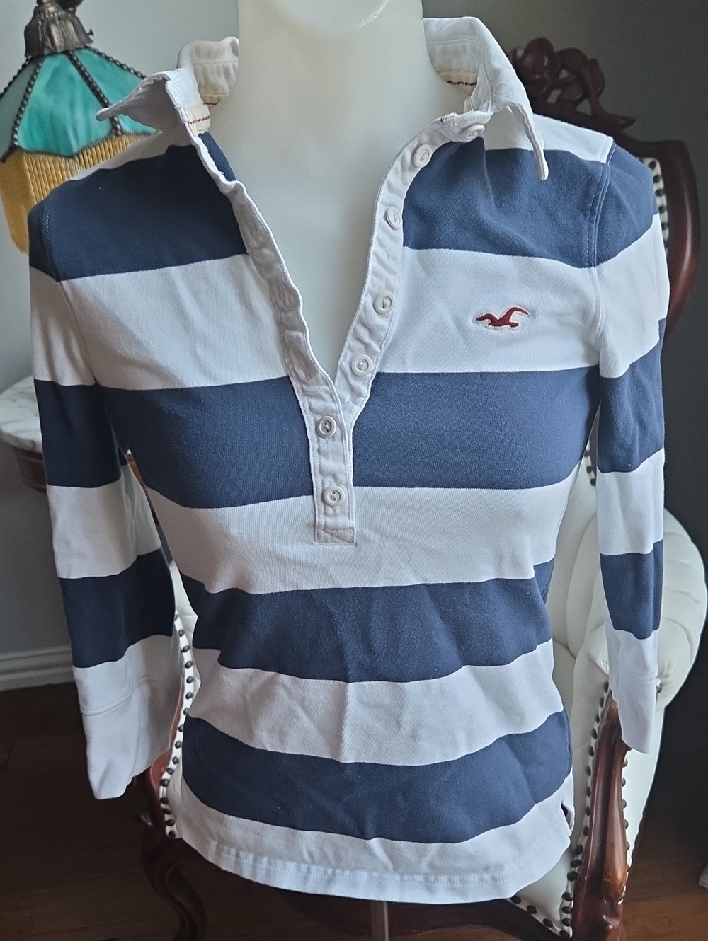 Hollister Navy and White Wide-Strip Polo